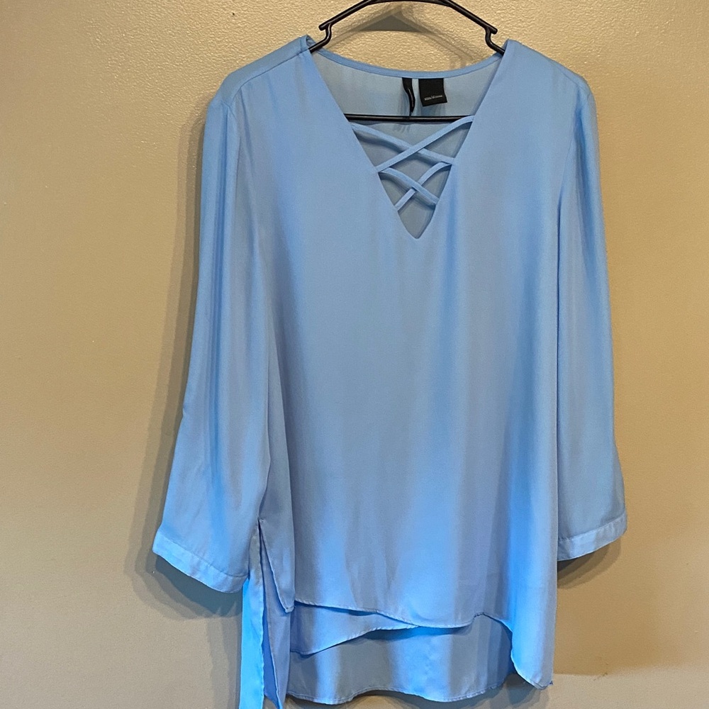 New Directions Sky Blue Blouse with V-Neck Detail